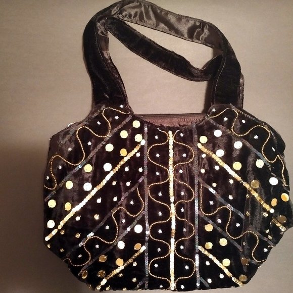 NWOT Black Velvet Shoulder Bag/Tote, Gold Sequins & Beads - Picture 1 of 13
